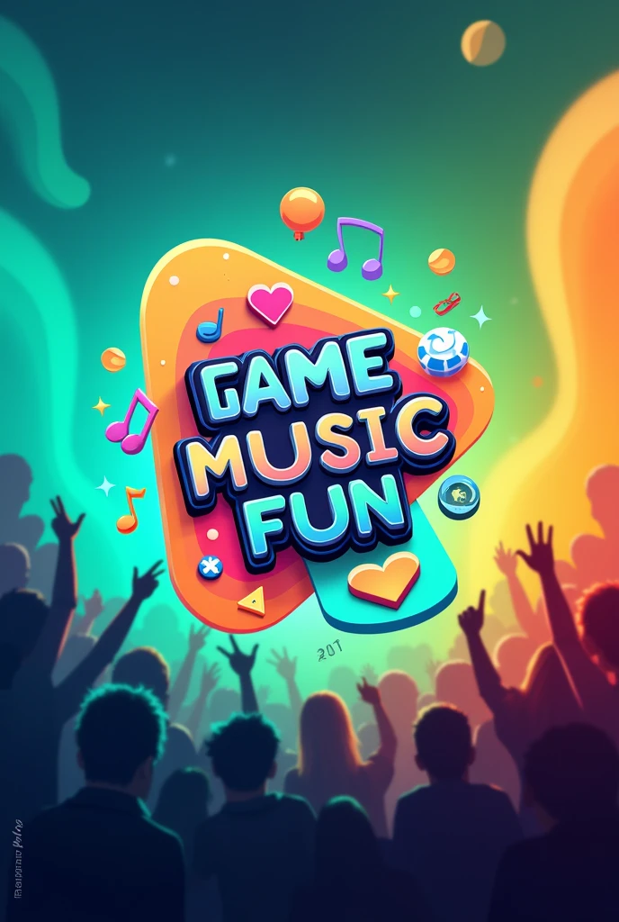 [Banner image in 2560 x 1440 pixel format]

In this image I have included the following elements:

Dynamic background with vibrant color gradients that convey energy and fun.
In the middle, the channel title in a modern and eye-catching font style: “GameMusicFun” Under the title, small icons representing the 3 pillars of content: a video game controller, a musical note and a star symbolizing fun.
in the extremes, small silhouettes of people suggesting community and spectator participation.
The whole design has a dynamic and attractive look., with a color palette that combines blue tones, greens and oranges.
