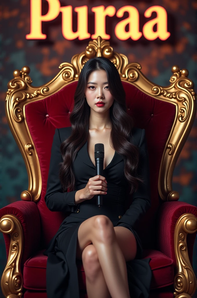 a beautiful korean woman is sitting in a throne holding a mic with the name puraa in her background