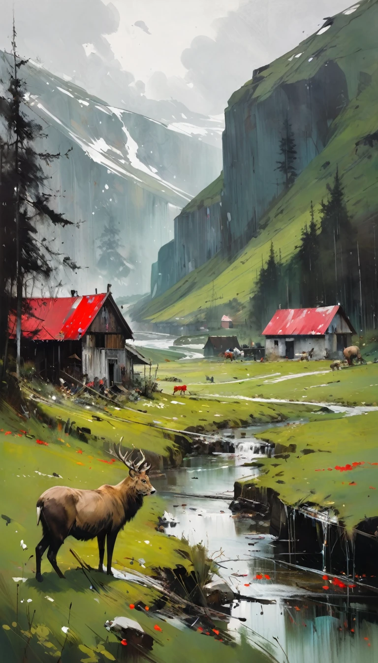 artist by Adrian Ghenie,inside the village,wild animals,light tones,(smooth strokes),fine sketches,Vivid,Moody,Landscapes,Fantasy,Dark,landscape oil painting, red and green colors