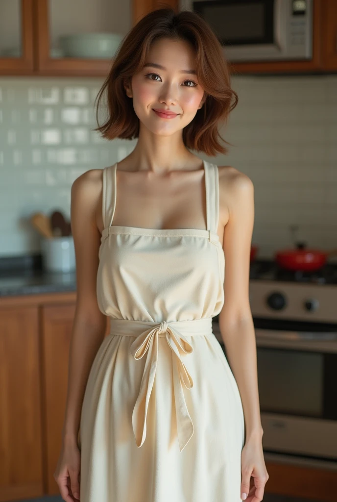 (8k, Realistic: 1.2, RAW Photos, Highest quality: 1.4),A Japanese idol-like beautiful girl,1 person,1,Hairstyle(Short Bob,Tea),She has her hair tucked behind her ear,She has small earrings in her ears,big, 透明なTea色の目,Long eyelashes,Plump Cheeks,Completely naked(big chest,Erect nipples,Thin and delicate shoulders,thin abdomen,A round waist,Upturned hips),barefoot,(Apron on bare skin(Tie strings in a bow on the return,chest, return, Her waist and hips are visible :1.4)),kitchen,(Looking return at the camera and smiling),(View from diagonally behind :1.4),Full body portrait