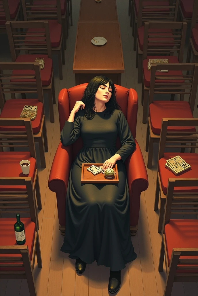 Illustrate the following scene SCENOGRAPHY; 20 CHAIRS, Tray, LMI ÓN HERBAL WARMING DISPOSABLE CUPS WITH GINGER SWEETENED WITH PANELA, ! mesa, 1 DOMINO GAME, 1 BOTTLE ED NOR, MOURNING COSTUME (Consideration).
actress, NARRATOR: Sitting in a chair she sleeps