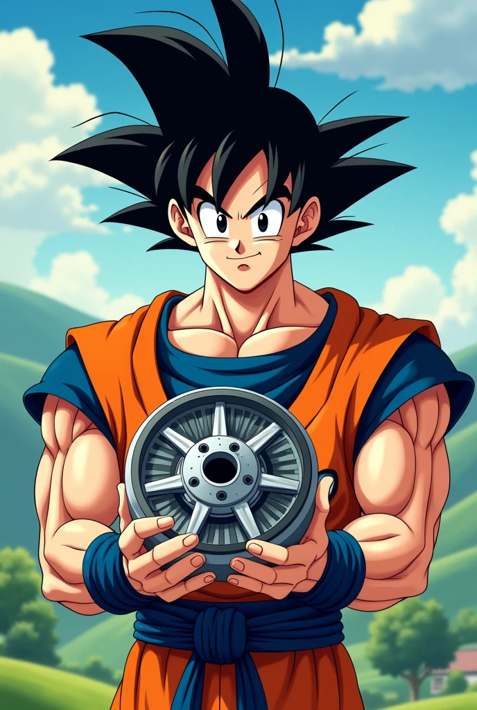 create an image of goku from dragon ball holding a car engine filter