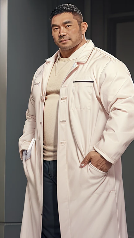 A middle-aged Asian male doctor with short hair and a short beard wearing a white coat。Big body。Big muscles。thick limbs。The man has his hands in his white coat pockets。The front of the white coat is open、Naked breasts are visible。Photorealistic。Highest quality。