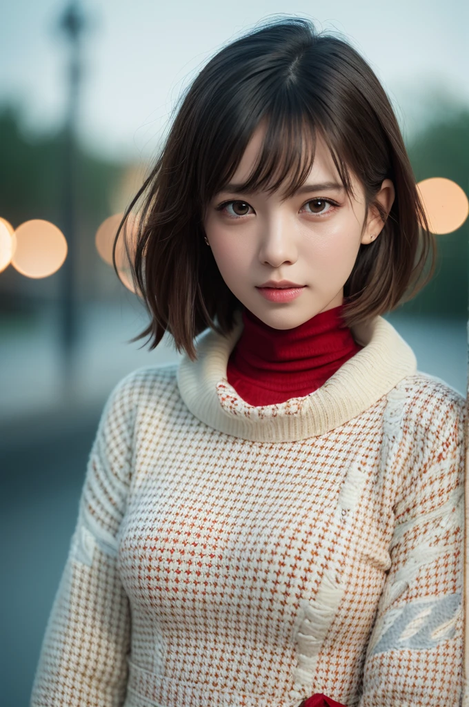 One beautiful girl, Very beautiful detailed face, Laugh shyly, Symmetrical black eyes, Small breasts), (Red houndstooth coat:1.4), (Off-white turtleneck sweater dress:1.3), Hime cut hair, (Beautiful Face:1.2), high quality, Realistic, Very detailed CG 統合 8k 壁紙, Very detailed, High resolution raw color photos, Professional photography, Realistic portrait, Cinematic Light, Beautiful details, Super Detail, Attention to detail, (((Bokeh))), Depth of written boundary, illumination, Super stylish lighting, floating, (High saturation), (Colorful splashes), Colorful Bubbles, (The Shining), Focus on the face,