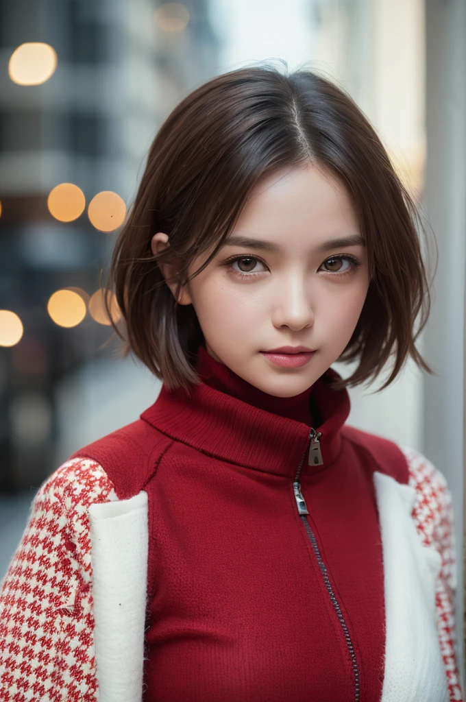One beautiful girl, Very beautiful detailed face, Laugh shyly, Symmetrical black eyes, Small breasts), (Red houndstooth coat:1.4), (Off-white turtleneck sweater dress:1.3), Hime cut hair, (Beautiful Face:1.2), high quality, Realistic, Very detailed CG 統合 8k 壁紙, Very detailed, High resolution raw color photos, Professional photography, Realistic portrait, Cinematic Light, Beautiful details, Super Detail, Attention to detail, (((Bokeh))), Depth of written boundary, illumination, Super stylish lighting, floating, (High saturation), (Colorful splashes), Colorful Bubbles, (The Shining), Focus on the face,