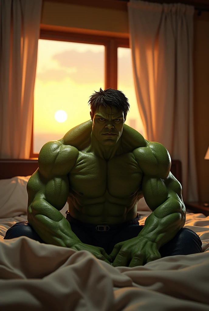 Hulk, sitting on a bed,room,sun set