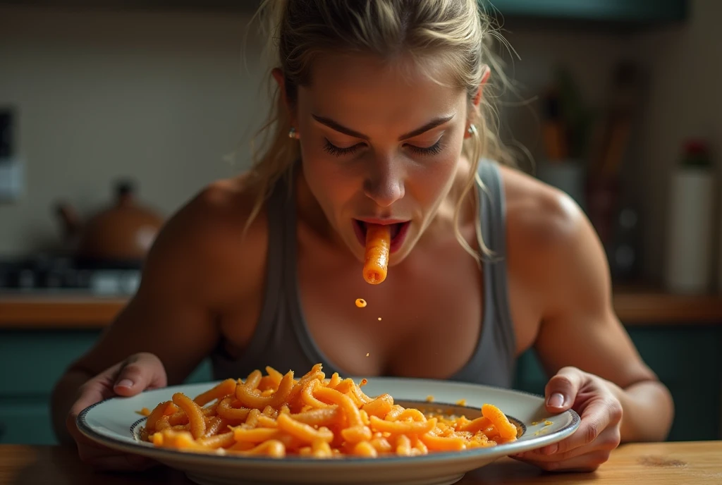 put penis in mouth,Heaps of penis in both hands,muscular woman Eating penis battle contest,in kitchen stadium,