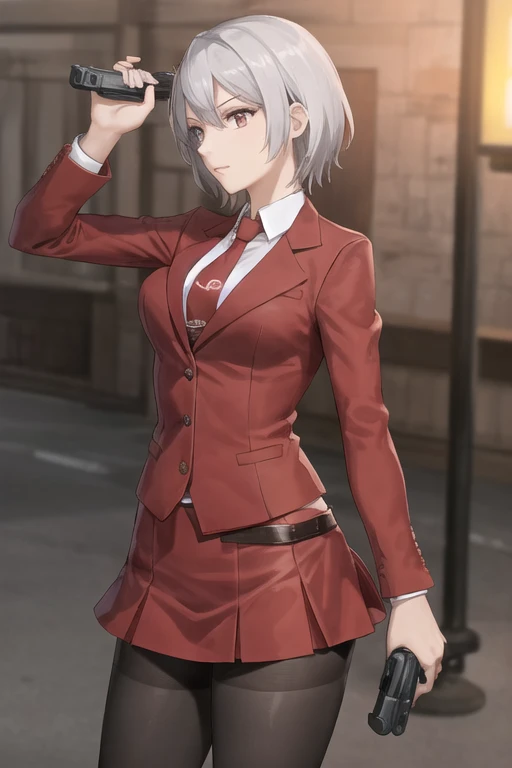 Highest quality、Ultra HD、Vivid colors、One Woman、(Silver short hair)、(Red Blazer 1.3)、(Red tie)、(shirt)、(Red Heels 1.1)、((Red Mini Tight Skirt))、((Black Tights 1.2))、((1 holding a gun in both hands.5))、stylish、Beautiful Face、(Black Belt 1.2)、2 female、Glamorous Body、(Sunset slum background 1.2)、((Clear and beautiful touch))