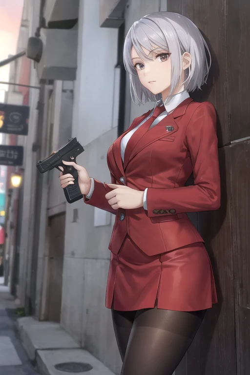 Highest quality、Ultra HD、Vivid colors、One Woman、(Silver short hair)、(Red Blazer 1.3)、(Red tie)、(shirt)、(Red Heels 1.1)、((Red Mini Tight Skirt))、((Black Tights 1.2))、((1 holding a gun in both hands.5))、stylish、Beautiful Face、(Black Belt 1.2)、2 female、Glamorous Body、(Sunset slum background 1.2)、((Clear and beautiful touch))