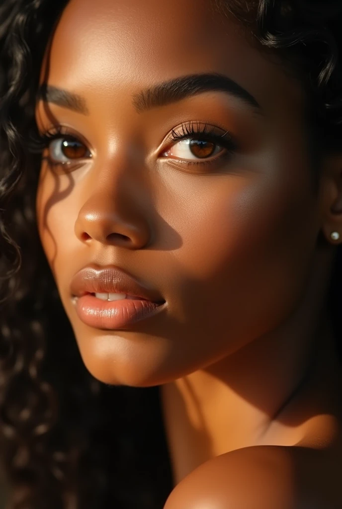 "A striking headshot of Eliana, a 2 woman with a perfect blend of African and European heritage. Her skin is rich and glowing, with a golden undertone, and her almond-shaped, light brown eyes have a slight slant, giving her a captivating and exotic look. Her cheeks are adorned with deep dimples, and a small dimple on her chin adds to her natural beauty. Her expression is soft and confident, exuding warmth and charm."