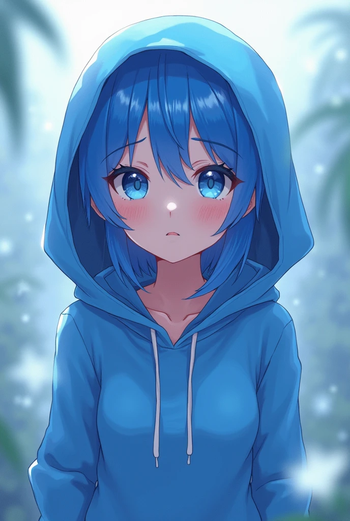 Wearing a blue hoodie、Hentai anime with blue hair and blue eyes