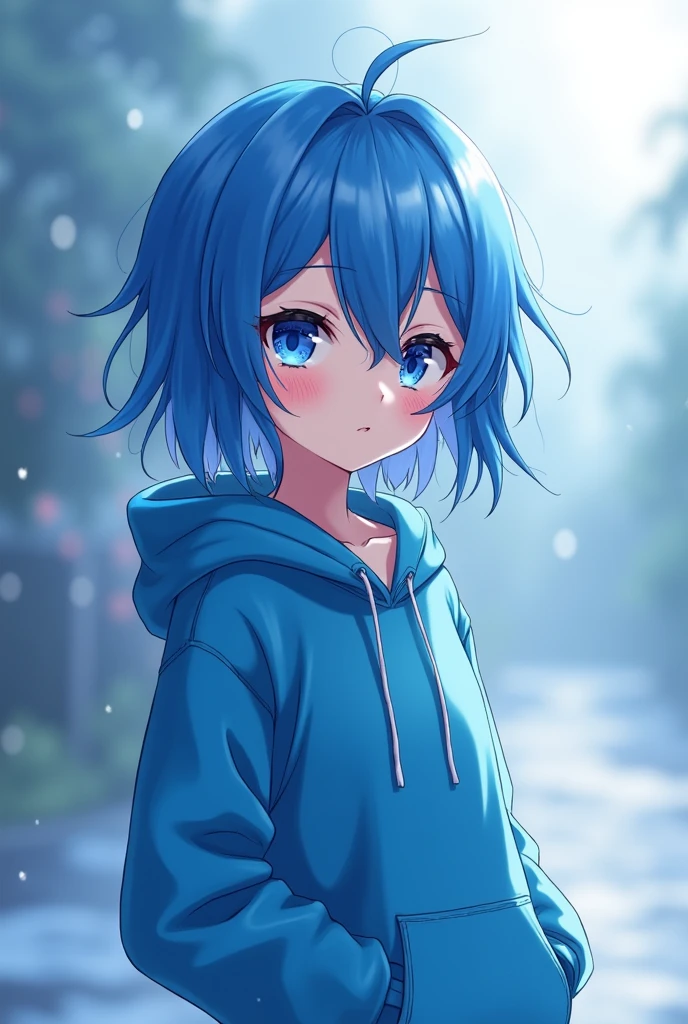 Wearing a blue hoodie、Hentai anime with blue hair and blue eyes