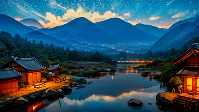"Create an illustration that captures the serene beauty of a rural Japanese night scene, ideal for pairing with Chillwave Lo-fi music. The artwork should depict a tranquil landscape with softly glowing lanterns, distant mountains silhouetted against a starry sky, and traditional Japanese countryside elements like rice paddies and small wooden houses. Include gentle reflections on calm water surfaces and subtle, warm lighting to evoke a sense of peace and relaxation. The overall mood should be soothing and immersive, creating a visual experience that complements the calming effect of Chillwave Lo-fi music."
