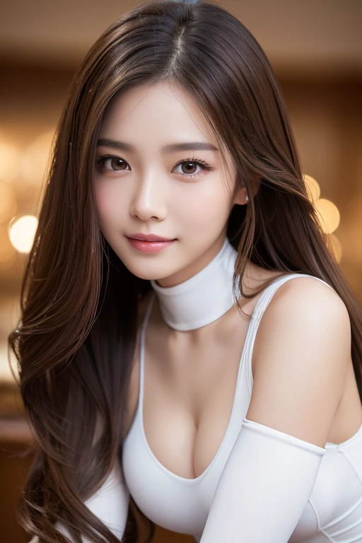 Latex bodysuit、Knee-high boots、Huge 、Long brown hair、Shiny, Oily skin、Glowing Skin、Indoor competition pool、White skin、Flying debris, Highest quality, Realistic, Very detailed, finely, High resolution, 8K デンデ wallpaper, One beautiful woman,, Light brown messy hair, Wear a business suit, Sharp focus, Perfect dynamic composition, Beautiful and detailed, Detailed Hair, Detailed Realistic skin texture, smile, Close-up portrait, Model body type