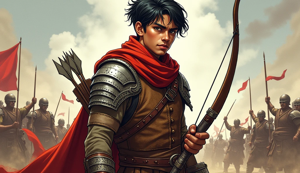 Arav, the young warrior: Comic style. Arav, a young man with sharp, determined features, dark brown eyes, and short black hair tied back. He wears traditional warrior armor—brown leather with silver accents, a red scarf around his neck, and sturdy boots. He's holding a bow and arrow, standing on a battlefield, his face showing a mix of strength and inner conflict.