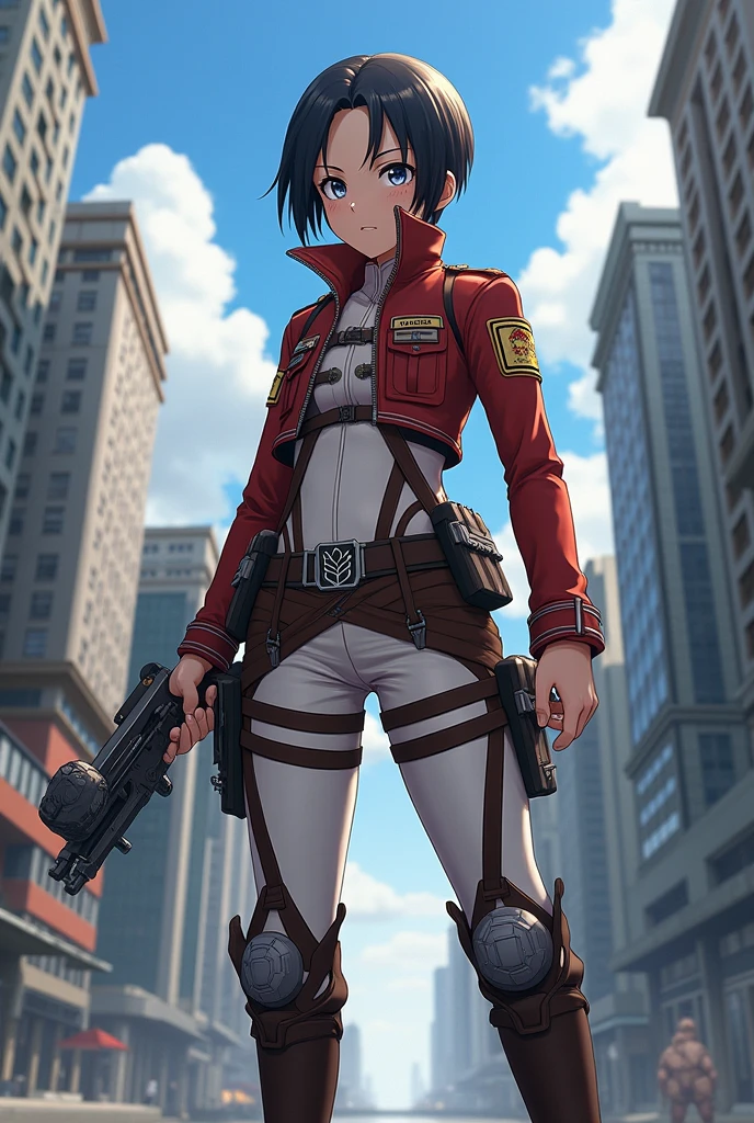 best quality, avatar ang, on the wall, attack on titan, anime, eren uniform, attack on titan weapon, city, looking ahead