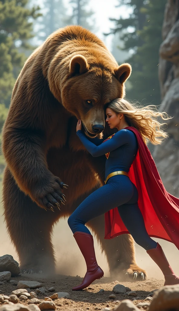 best quality, high quality, ultra quality, 8k, masterpiece, detailed, extremely detailed, insanely detailed, ultra detailed, ultra highres ,exquisite,lifelike Images,cinematic experience,UHD picture,Realistic,photorealistic,hyperrealistic,vivid,RAW photo,shot by DSLR,(Supergirl Fights Brown Bear)