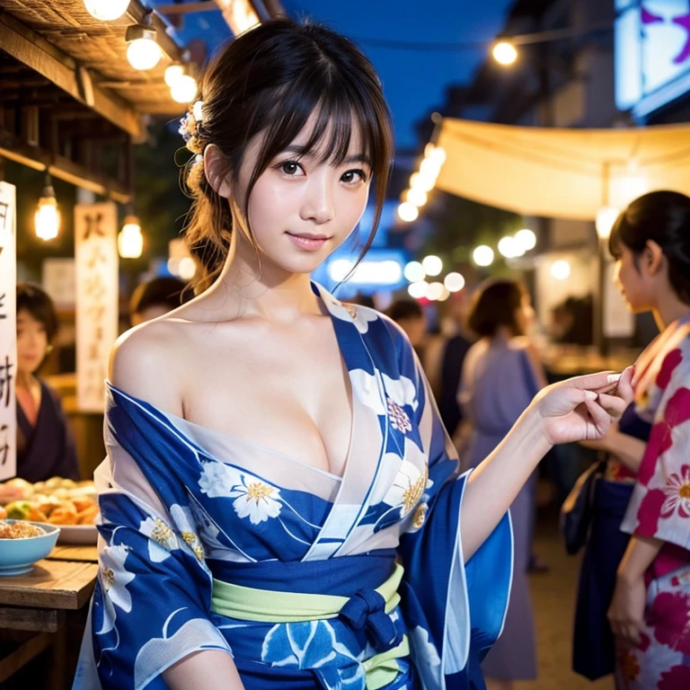 nsfw,(((The yukata is short and reveals her sexy thighs..)))、(((Shoulder Bare)))、See-through sexy yukata、Cute 20 year old Japanese idol、(((Bare skin visible through the yukata.)))、(((A see-through yukata)))、(One Girl)、Very cute face、Great face and eyes、(Highly detailed eyes、Highly detailed face)、Fresh、Very beautiful appearance、(超Realistic、High resolution)、(Highest quality:1.4)、RAW Photos、(Realistic、Realistic:1.37)、Professional photos、(A pale blue, sheer floral yukata that lets a little skin show through:1.5)、(Open yukata)、(Cleavage:1.2)、(Exposed shoulders)、smile、(Iを見つめて)、(((Crowded food stall at night)))、Portrait of a Girl、(((I&#39;Not wearing underwear)))、Big Breasts、Cleavageを強調、Glowing Skin、It&#39;s hot and humid and I&#39;Sweating、A yukata that fits snugly against the skin