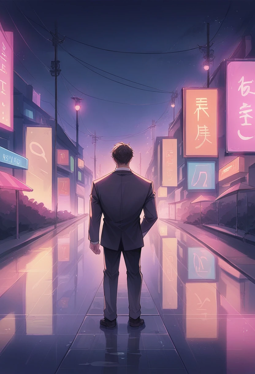 A close-up shot of a professional Black saxophonist, dressed in a sharp, stylish suit reminiscent of the 80s, playing a soulful love song on a neon-lit street. The city lights cast vibrant hues of blue, purple, and pink onto his face and saxophone, creating a nostalgic yet powerful image. The reflection of wet pavement beneath him adds to the moody, romantic atmosphere as he performs with deep emotion.