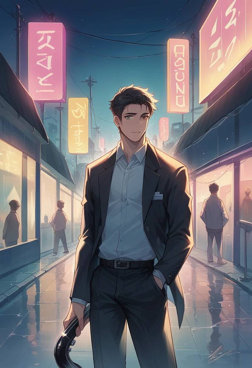 A close-up shot of a professional Black saxophonist, dressed in a sharp, stylish suit reminiscent of the 80s, playing a soulful love song on a neon-lit street. The city lights cast vibrant hues of blue, purple, and pink onto his face and saxophone, creating a nostalgic yet powerful image. The reflection of wet pavement beneath him adds to the moody, romantic atmosphere as he performs with deep emotion.
