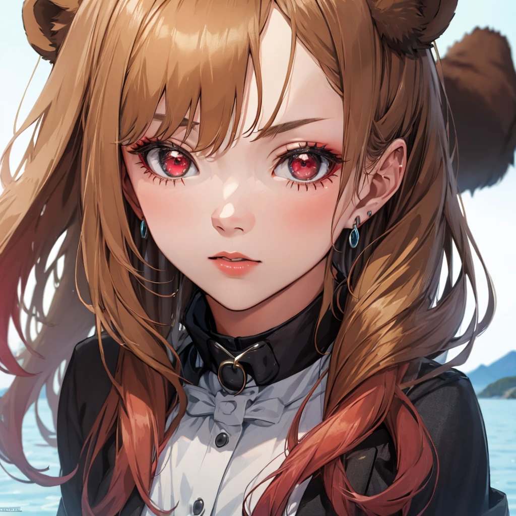 A girl facing a brown bear, Brown Bear, Kitagawa Marine, The background is snowy mountains, One girl, Blonde Hair, Long Hair, Multicolored Hair, Red eyes, jewelry, Earrings, Earrings, Black choker, uhd, retina, masterpiece, ccurate, anatomically correct, textured skin, super detail, high details, high quality, best quality, highres, 4K