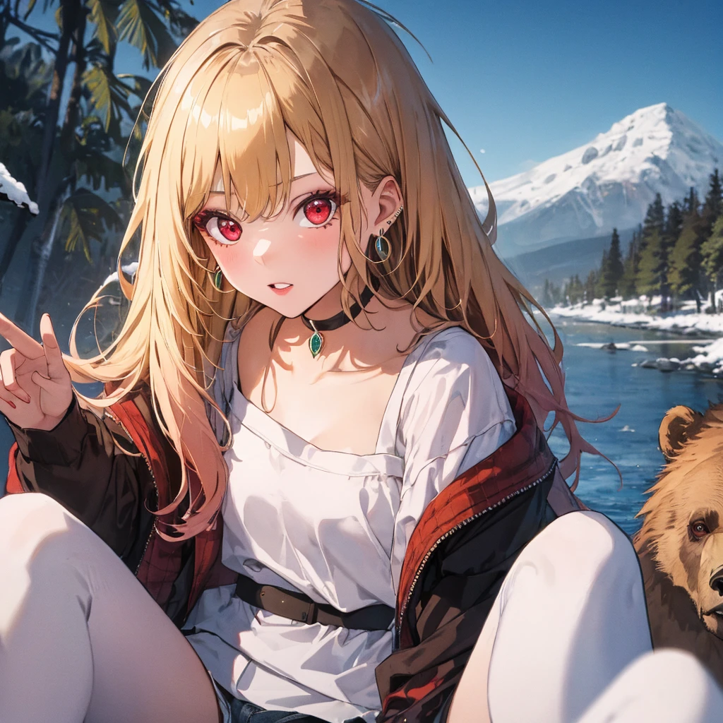 Girl embraced by brown bear, Brown Bear, Kitagawa Marine, The background is snowy mountains, One girl, Blonde Hair, Long Hair, Multicolored Hair, Red eyes, jewelry, Earrings, Earrings, Black choker, uhd, retina, masterpiece, ccurate, anatomically correct, textured skin, super detail, high details, high quality, best quality, highres, 4K