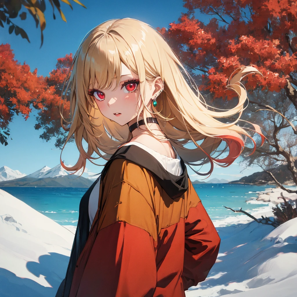 A girl facing a brown bear, Brown Bear, Kitagawa Marine, The background is snowy mountains, One girl, Blonde Hair, Long Hair, Multicolored Hair, Red eyes, jewelry, Earrings, Earrings, Black choker, uhd, retina, masterpiece, ccurate, anatomically correct, textured skin, super detail, high details, high quality, best quality, highres, 4K