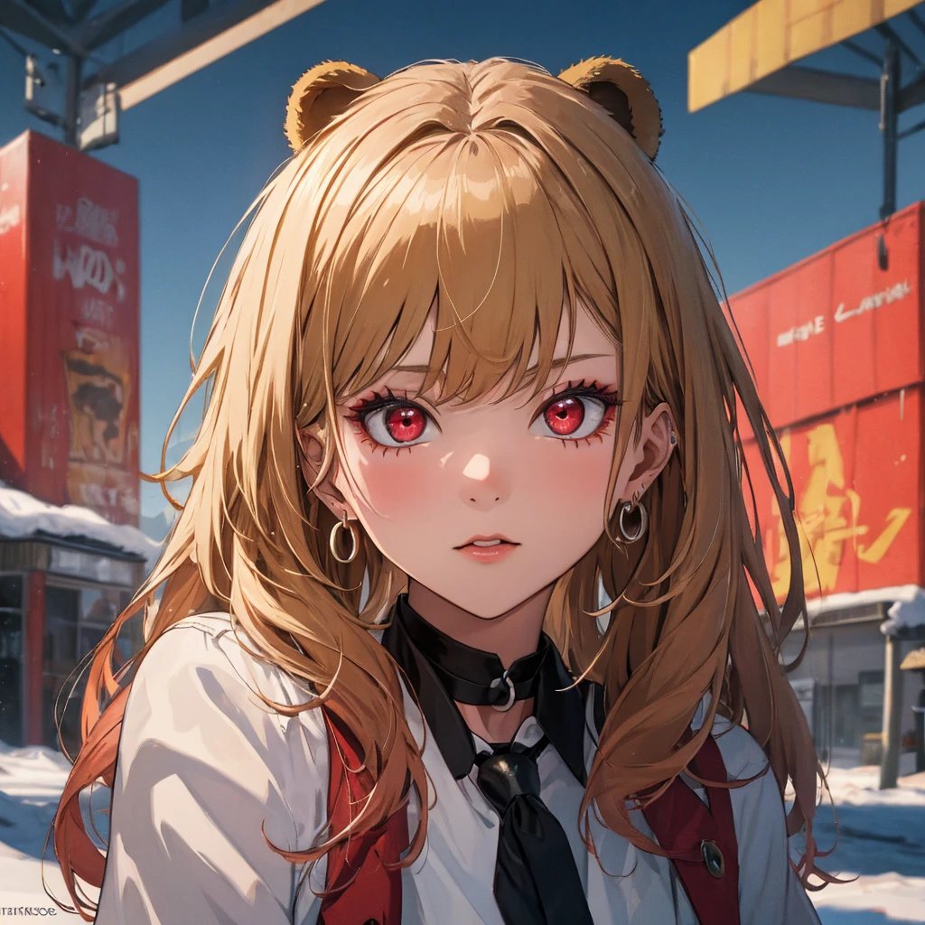 A girl facing a brown bear, Brown Bear, Kitagawa Marine, The background is snowy mountains, One girl, Blonde Hair, Long Hair, Multicolored Hair, Red eyes, jewelry, Earrings, Earrings, Black choker, uhd, retina, masterpiece, ccurate, anatomically correct, textured skin, super detail, high details, high quality, best quality, highres, 4K