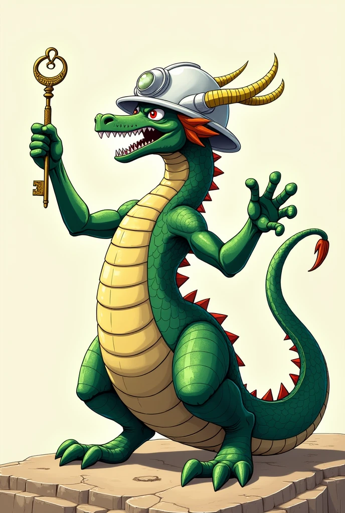 shenlong de dragon ball z.  with the white engineer&#39;s helmet and holding a key cheering normally
