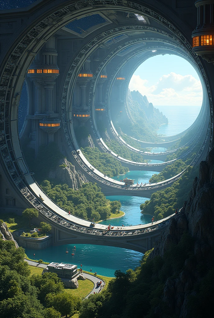 Massive rotating space colony, O'Neill Cylinder:
- Gigantic cylindrical space habitat, 8km diameter, 32km long
- Two counter-rotating cylinders for stability
- Interior landscape with Earth-like features:
- Alternating strips of land and windows along the length
- Lush forests, blue lakes, green fields, and futuristic cities
- Curved horizon visible due to cylinder shape
- Exterior details:
- Solar panels and reflective mirrors for power and light
- Docking stations for spacecraft
- Agricultural rings surrounding the main structure
- Visible curvature of the internal "sky"
- People and vehicles visible for scale
- Earth and stars visible through large windows
- Hyper-realistic 3D render, cinematic lighting
- Inspired by NASA space colony concepts
- Style: photorealistic, sci-fi, futuristic
