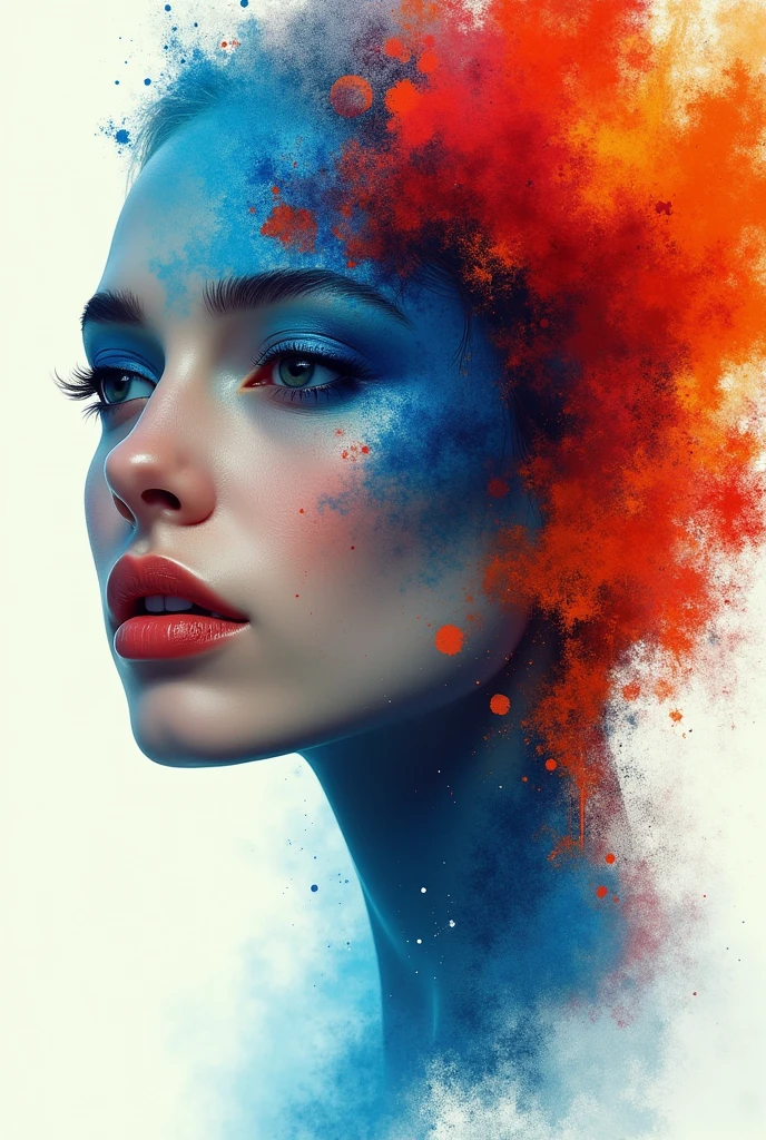 Create a digital artwork of a woman's face, blending elements of beauty and abstract expressionism. The face should be realistic but overlaid with dynamic splashes of vibrant colors like blues, reds, and oranges. The colors should create a sense of fluid motion, almost like paint splashes, intertwining with the facial features. The overall style should evoke both grace and intensity, combining the elegance of beauty with the chaotic energy of abstract art. The background should be minimalistic to emphasize the striking contrast of the colors and the face.