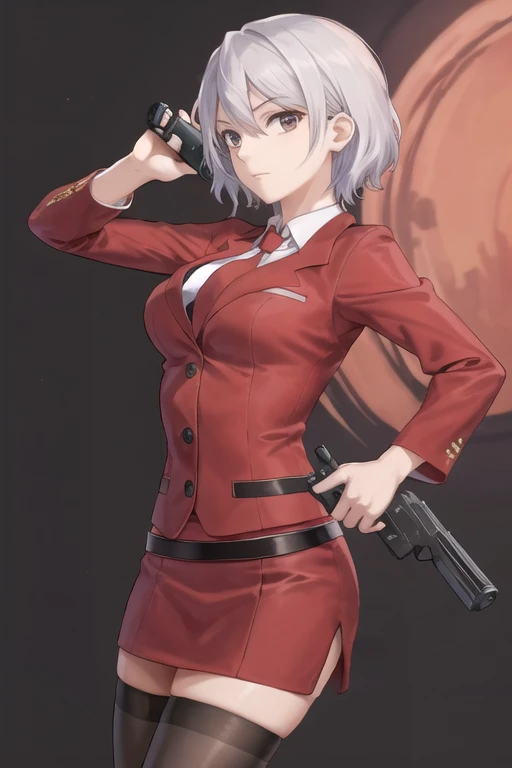 Highest quality、Ultra HD、Vivid colors、One Woman、(Silver short hair)、(Red Blazer 1.3)、(Red tie)、(shirt)、(Red Heels 1.1)、((Red Mini Tight Skirt))、((Black Tights 1.2))、((1 holding a gun in both hands.5))、stylish、Beautiful Face、(Black Belt 1.2)、2 female、Glamorous Body、(Sunset slum background 1.2)、((Clear and beautiful touch))