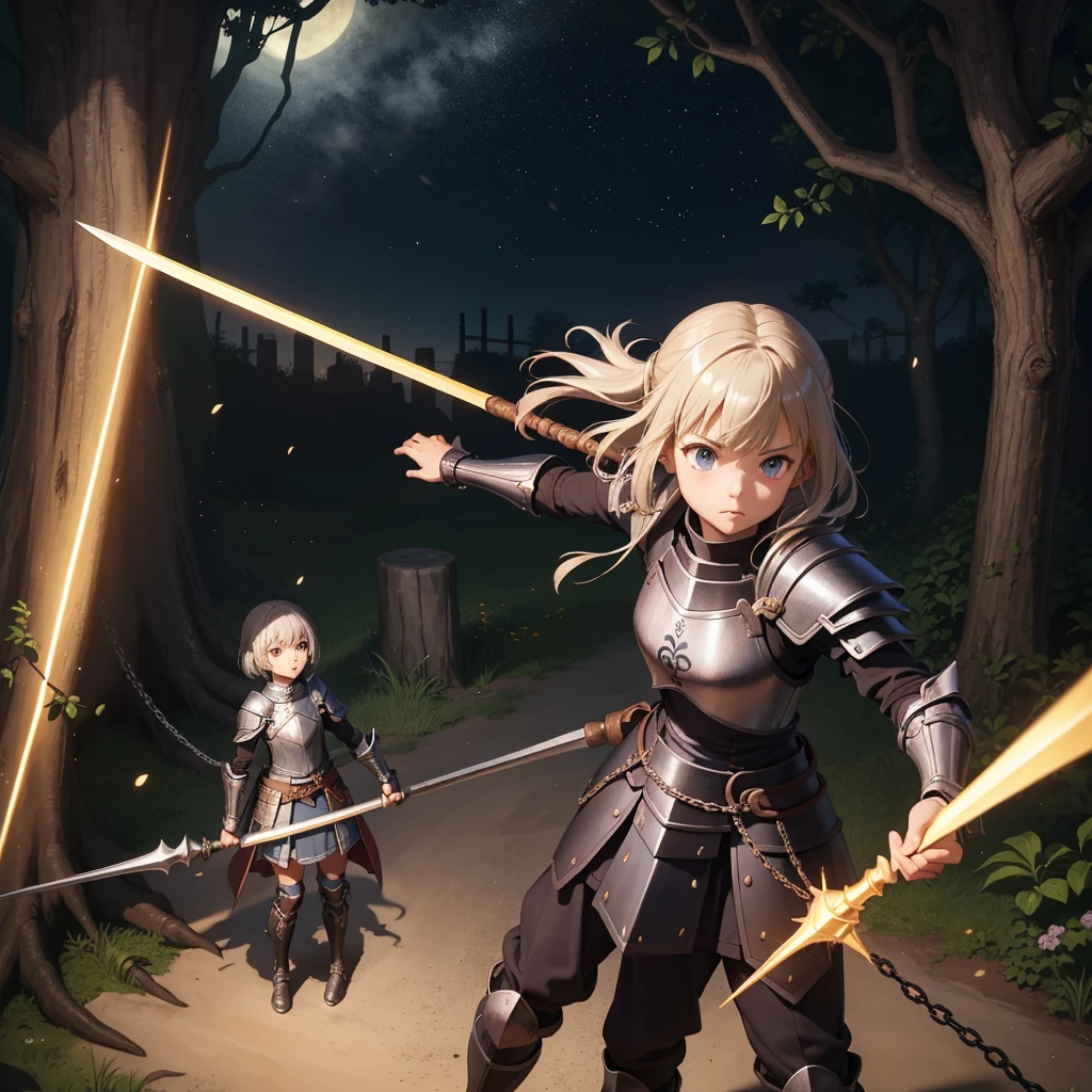 最high quality、high quality、Simple Cloth Armor、10Year-old girl adventurer、Equipped with a weapon that has a short chain at the end of a stick and a spiked iron ball at the end of the chain、In a dark maze、Wooden Armor