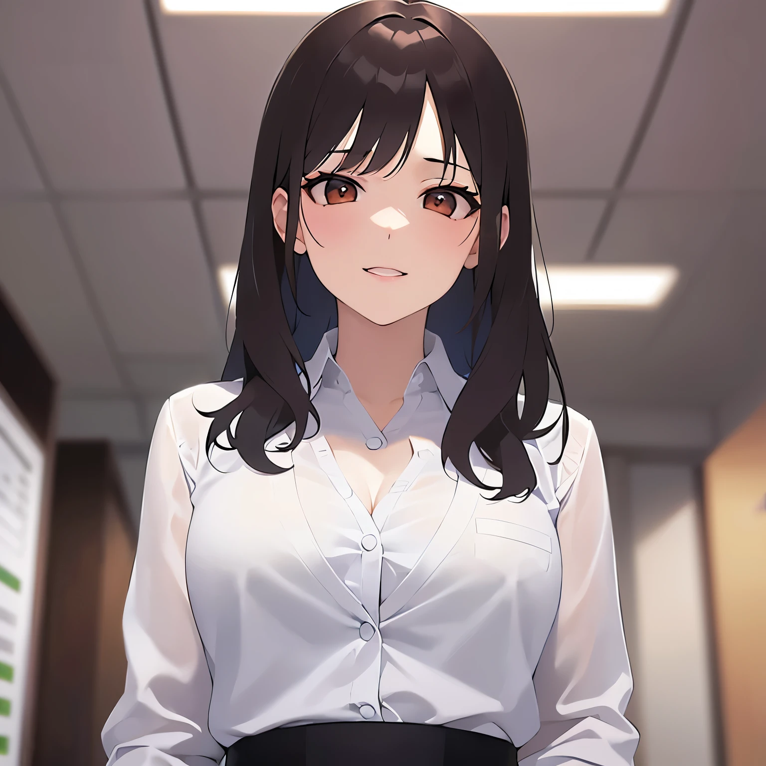 （looking at viewer:1.5）Upper Body, Realistic shot from below, real person, (pale skin: 1.2), RAW photo, photorealistic, shiny skin, shiny hair、(A 2 woman with medium-length hair and bangs) and (wavy hair) and (brown hair) and (orange eyes) ,
(Wearing a business suit:1.5) and (Wearing a white collared shirt)、
Cleavage、(blush:1.5),smile,The background is the conference room、(alone:1.5)
