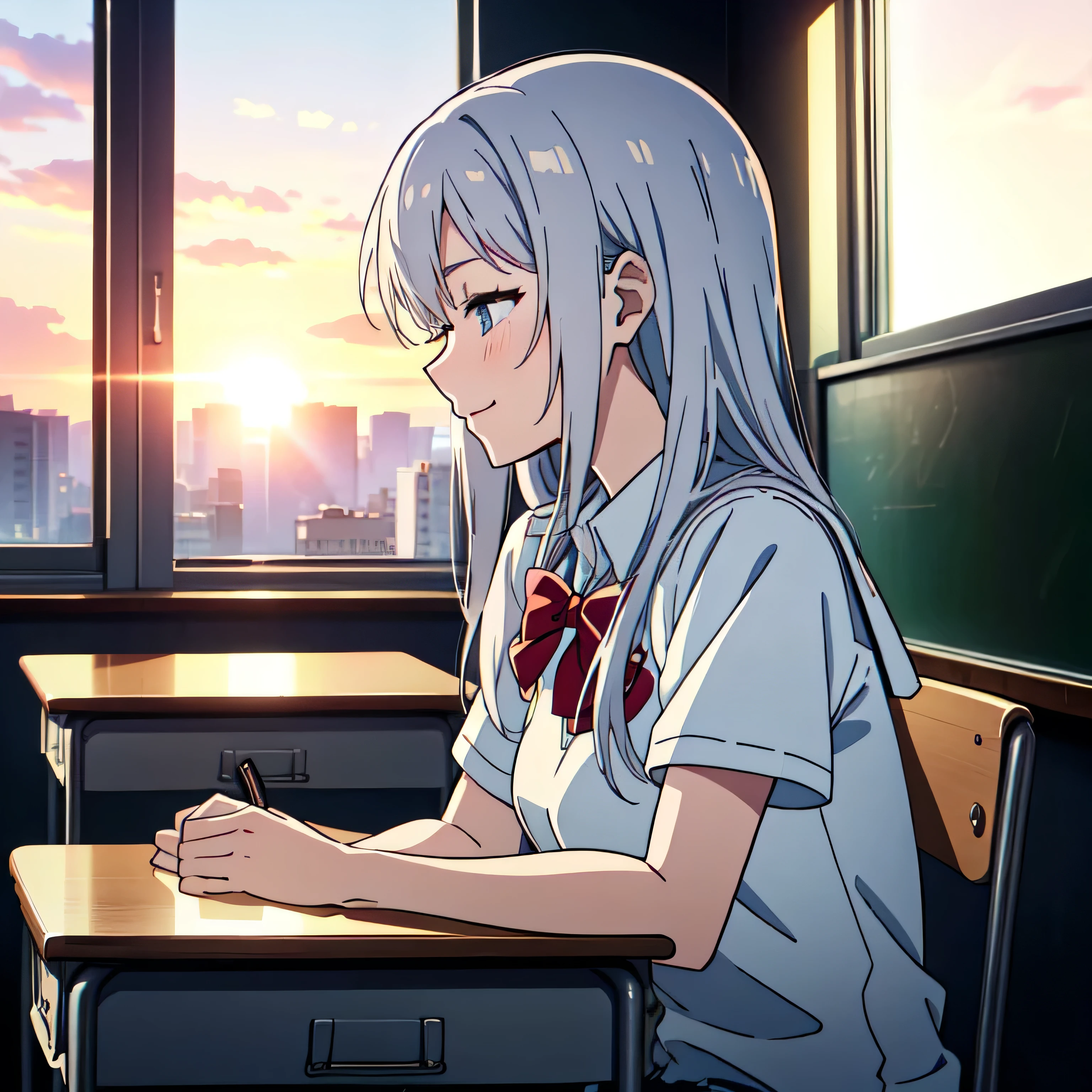 1girl, (kawaii dake ja nai shikimori-san:0.7), (solo:1.5), (adult:1.3), medium breasts, (upper body:1.2), close-up, long hair, white hair, silver hair, light blue eyes, hair between eyes, long side hair, messy hair, side more hair, soft blush, warm smile, ((half-closed eyes:1.1), lovely, (sitting on a chair:1.2), hands on desk, hands closed, (looking window:1.3), looking to the side, profile angle, safe, sensitive, (school uniform:1.4), (classroom:1.4), school, sunset, sunlight thru windows, cozy, golden hour, source_anime, anime screencap, very aesthetic, masterpiece, best quality, detailed eyes, ultra beautiful, perfect symmetrical face, anime style