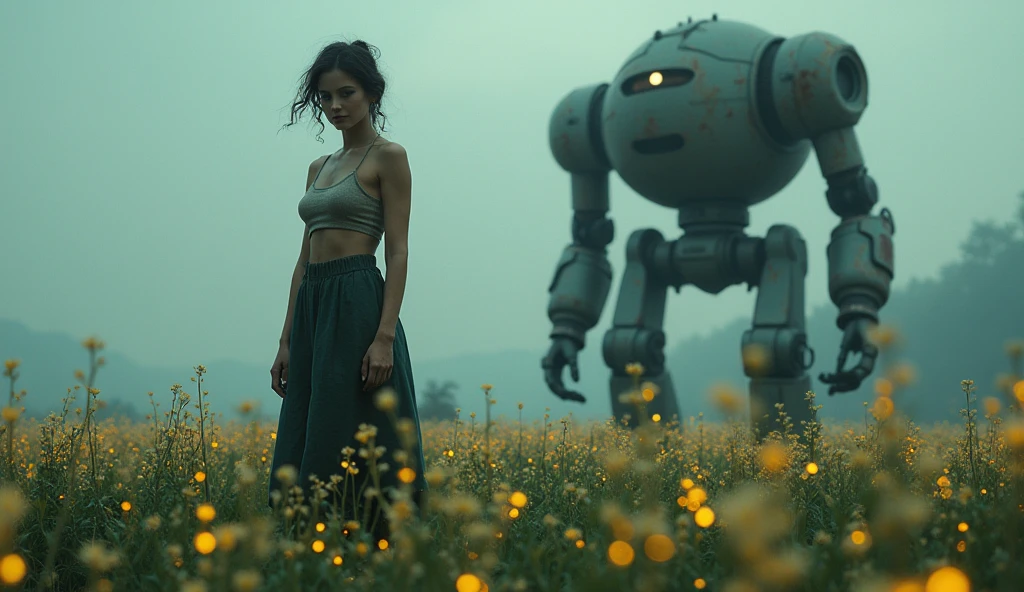(Masterpiece.UHD.photorealistic. Analog photography. 1950 style) in a dystopian Neo retro futuristic world. An ultra hot gorgeous European farmer. Age 23. Epic cleavage (100E breast size) she cultivates a field of bioluminescent plants. 1930 clunky and rusty evil war robot in background.