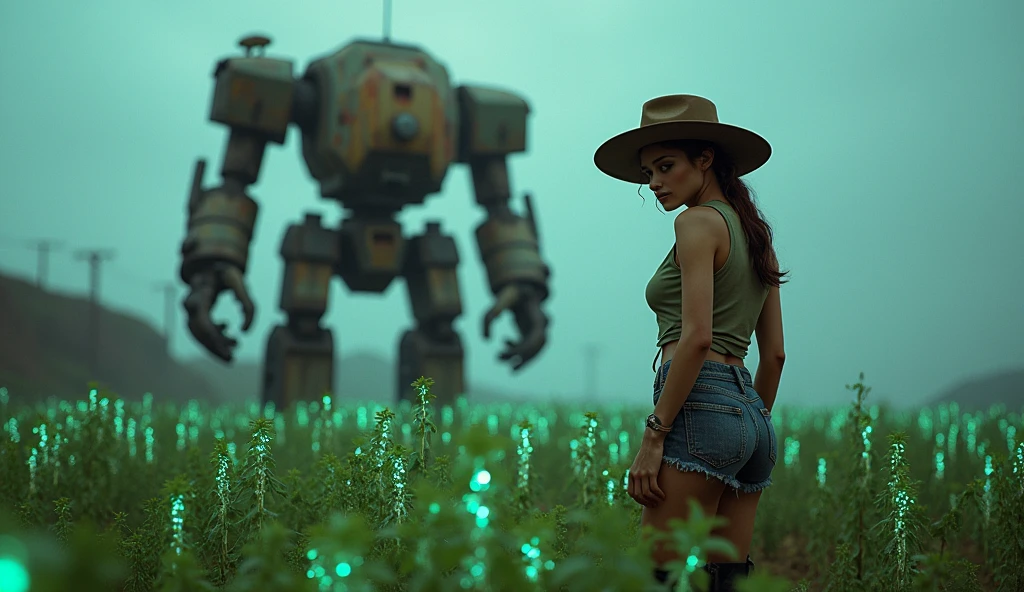 (Masterpiece.UHD.photorealistic. Analog photography. 1950 style) in a dystopian Neo retro futuristic world. An ultra hot gorgeous European farmer. Age 23. Epic cleavage (100E breast size) she cultivates a field of bioluminescent plants. 1930 clunky and rusty evil war robot in background.