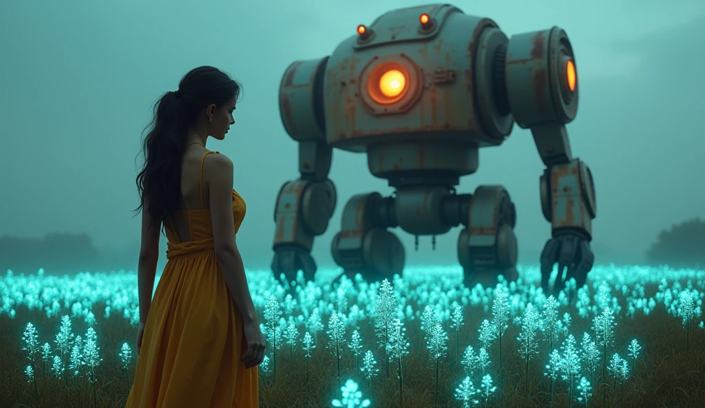 (Masterpiece.UHD.photorealistic. Analog photography. 1950 style) in a dystopian Neo retro futuristic world. An ultra hot gorgeous European farmer. Age 23. Epic cleavage (100E breast size) she cultivates a field of bioluminescent plants. 1930 clunky and rusty evil war robot in background.
