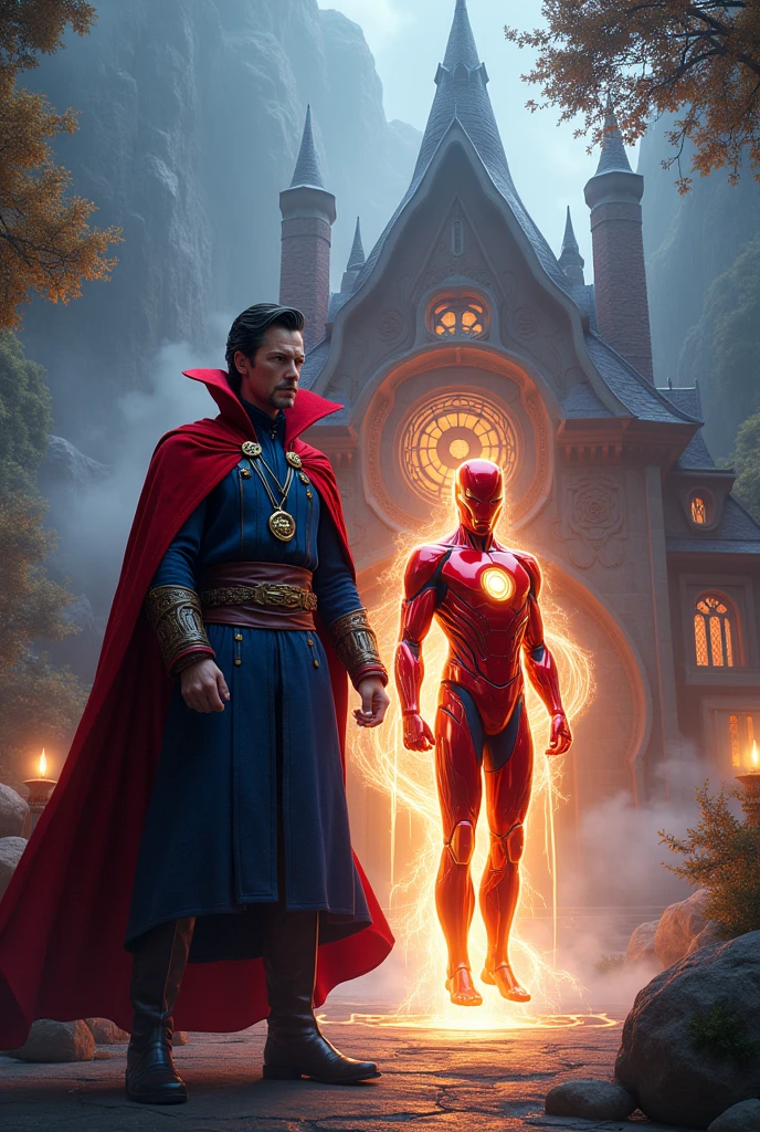 Doctor Strange + Vision standing outside of a beautiful house 