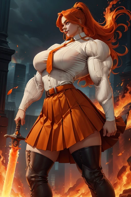 ((Massive tall, beautiful, buff, pale white skinned muscular woman with orange hair, black lipstick, ginormous bulky muscles, carrying a fire sword and wearing a orange long sleeve pleated shirt with beautiful long pleated skirt)), ((close view)), (massive muscles), long shaggy hair, green eyes, choker, ((orange long sleeve pleated shirt and tie)), neck tie, ((beautiful long pleated skirt)), belt, thigh high socks, black boots, (in a fire city), closed smile, night, massive muscles
