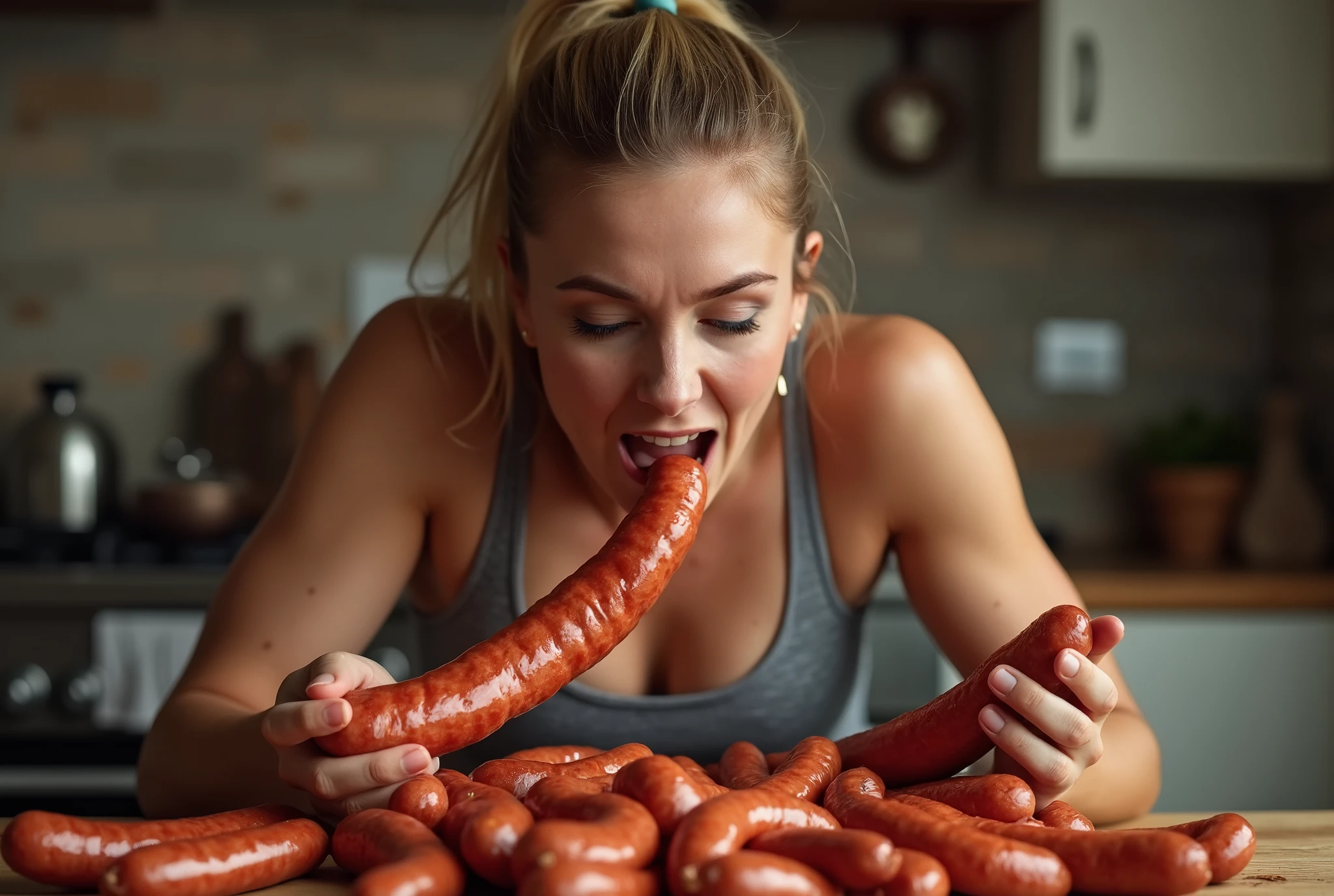 put sausage in mouth,Heaps of sausages in both hands,muscular woman Eating penis shaped sausage battle contest,in kitchen stadium,