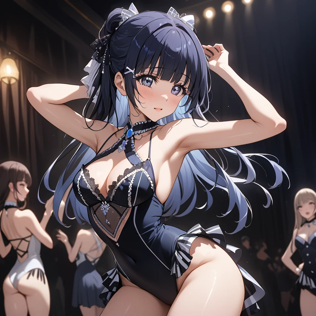 ((Highest quality)), ((masterpiece)), (detailed), （Perfect Face）、The woman is Reika Aoki with semi-long hair、The woman is wearing a cabaret dance costume and is dancing a cabaret dance