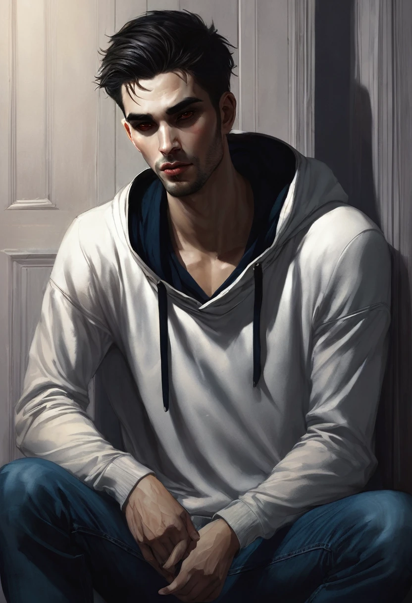 (good quality), (many details), (masterpiece),man crouched in a hooded sweater, ugly, tufts of hair, clawed hands, vampires, fangs, dark eyes, jeans, crouching in a hall, at night, crippled, style of Charlie Bowater