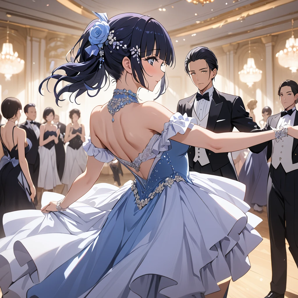 ((Highest quality)), ((masterpiece)), (detailed), （Perfect Face）、The woman is Reika Aoki with semi-long hair、A woman is dancing ballroom in a ballroom costume