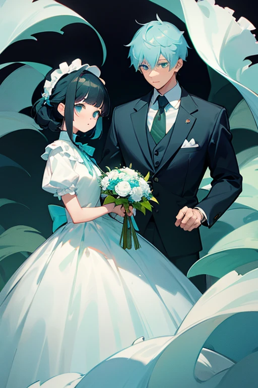 Girl with light blue hair wearing a white dress with lots of green ruffles looking at a boy with black hair next to her while holding a bouquet of flowers