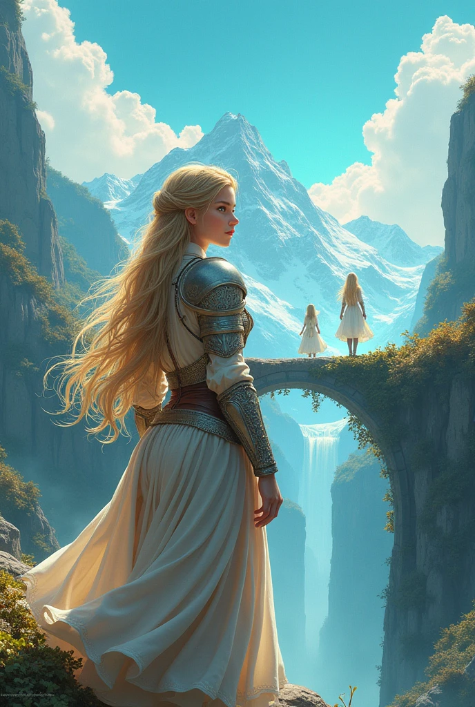 Realistic illustration of a 1 blonde girl, standing from behind, dressed as a modern warrior in a fantasy world. Her long golden hair falls in locks over a light modern armor with intricate detailing. The young girl stands in a determined stance, looking up at a bright turquoise sky, where her two  sisters float like translucent ethereal spirits, enveloped in a magical glow. Behind her, majestic snow-capped mountains rise, and an ancient bridge, covered in flowering vines, spans a chasm. The surroundings are bathed in a mystical light, with a magical air enveloping the entire scene, highlighting the connection between the sisters and their fantasy world. Vibrant colors. Fantasy. 4k