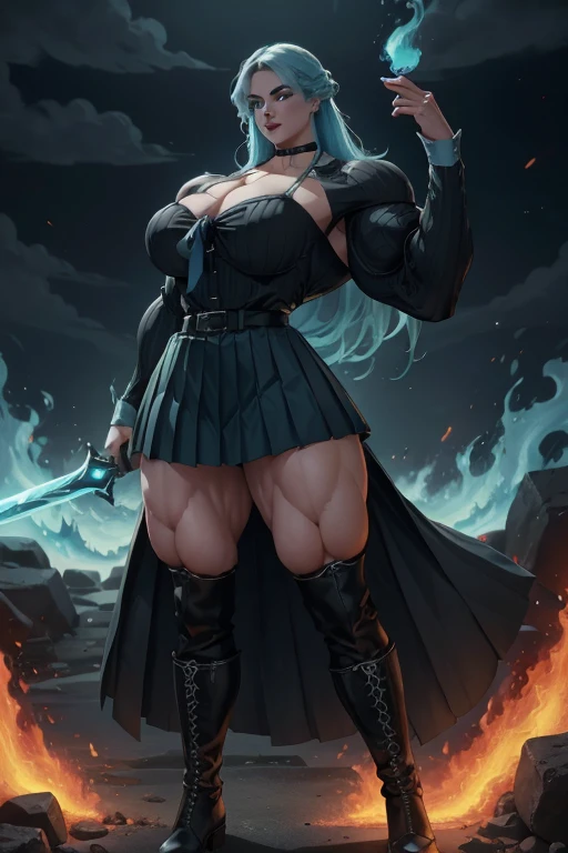 ((Massive tall, beautiful, buff, pale white skinned muscular woman with cyan hair, black lipstick, ginormous bulky muscles, carrying a fire sword and wearing a cyan long sleeve pleated shirt with beautiful long pleated skirt)), ((close view)), (massive muscles), long beachy hair, purple eyes, choker, ((cyan long sleeve pleated shirt and tie)), neck tie, ((beautiful long pleated skirt)), belt, thigh high socks, black boots, (in a fire city), closed smile, night, massive muscles