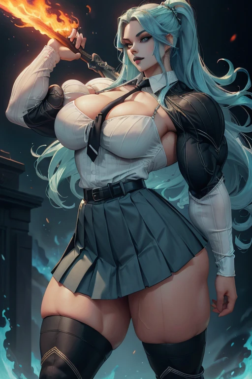 ((Massive tall, beautiful, buff, pale white skinned muscular woman with cyan hair, black lipstick, ginormous bulky muscles, carrying a fire sword and wearing a cyan long sleeve pleated shirt with beautiful long pleated skirt)), ((close view)), (massive muscles), long beachy hair, purple eyes, choker, ((cyan long sleeve pleated shirt and tie)), neck tie, ((beautiful long pleated skirt)), belt, thigh high socks, black boots, (in a fire city), closed smile, night, massive muscles