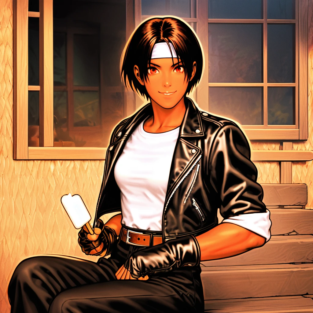 Alone,Female,Sitting on porch,eating with popsicle and looking at viewer,short hair,black hair,best lighting,dark skin,red eyes,((black leather jacket with rolled up arms)),fingerless gloves,white T-shirt, ((white headband)),black long pants,white shoes,brown belt,cute detailed background,charm points,Japanese countryside,slightly bigger chest,outdoors,high quality,good looking,confident smile. Fun Atmosphere