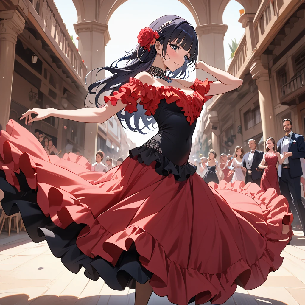 ((Highest quality)), ((masterpiece)), (detailed), (Perfect Face)、The woman is Reika Aoki with semi-long hair、Woman dancing flamenco in flamenco dress in Spain